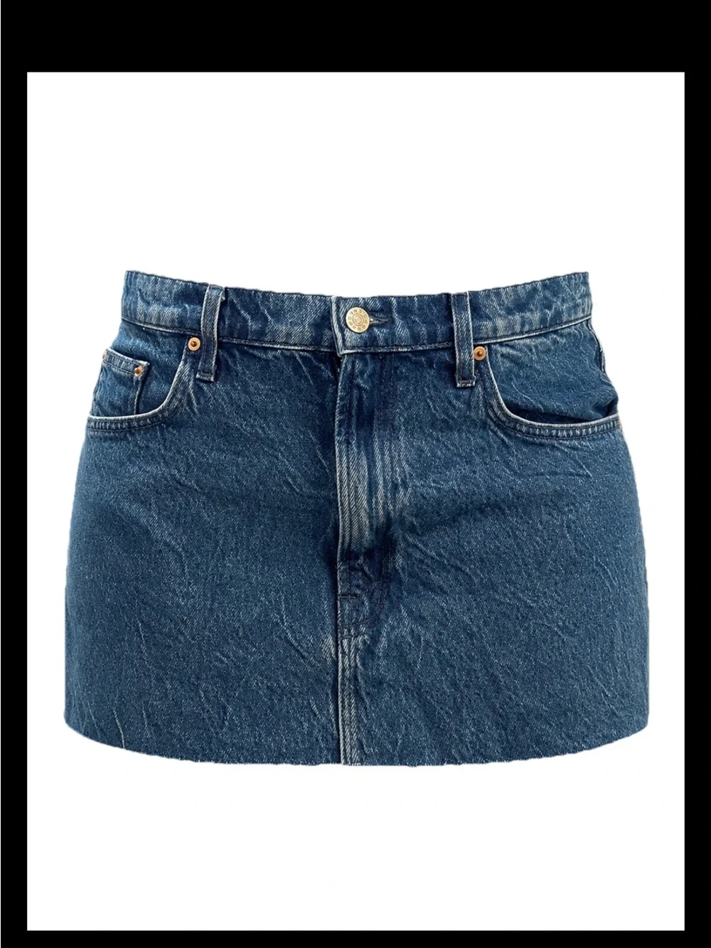 MOTHER SNACKS! The Fun Dip Micro Cut Denim Mini Skirt 31 Raw Hem Exposed Pockets